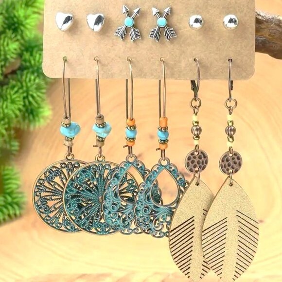 6 Pairs Turquoise Bead Earrings Dangle Gypsy Boho Hippie Native Feather Arrow - Picture 1 of 2
